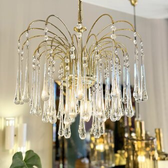 Vintage messing Murano glazen teardrop kroonluchter hanglamp transparant | Sprinkelhop