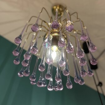 Vintage Murano glazen teardrop kroonluchter hanglamp messing paars | Sprinkelhop