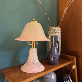 Vintage mushroom lampje roze murano glas met messing | Sprinkelhop