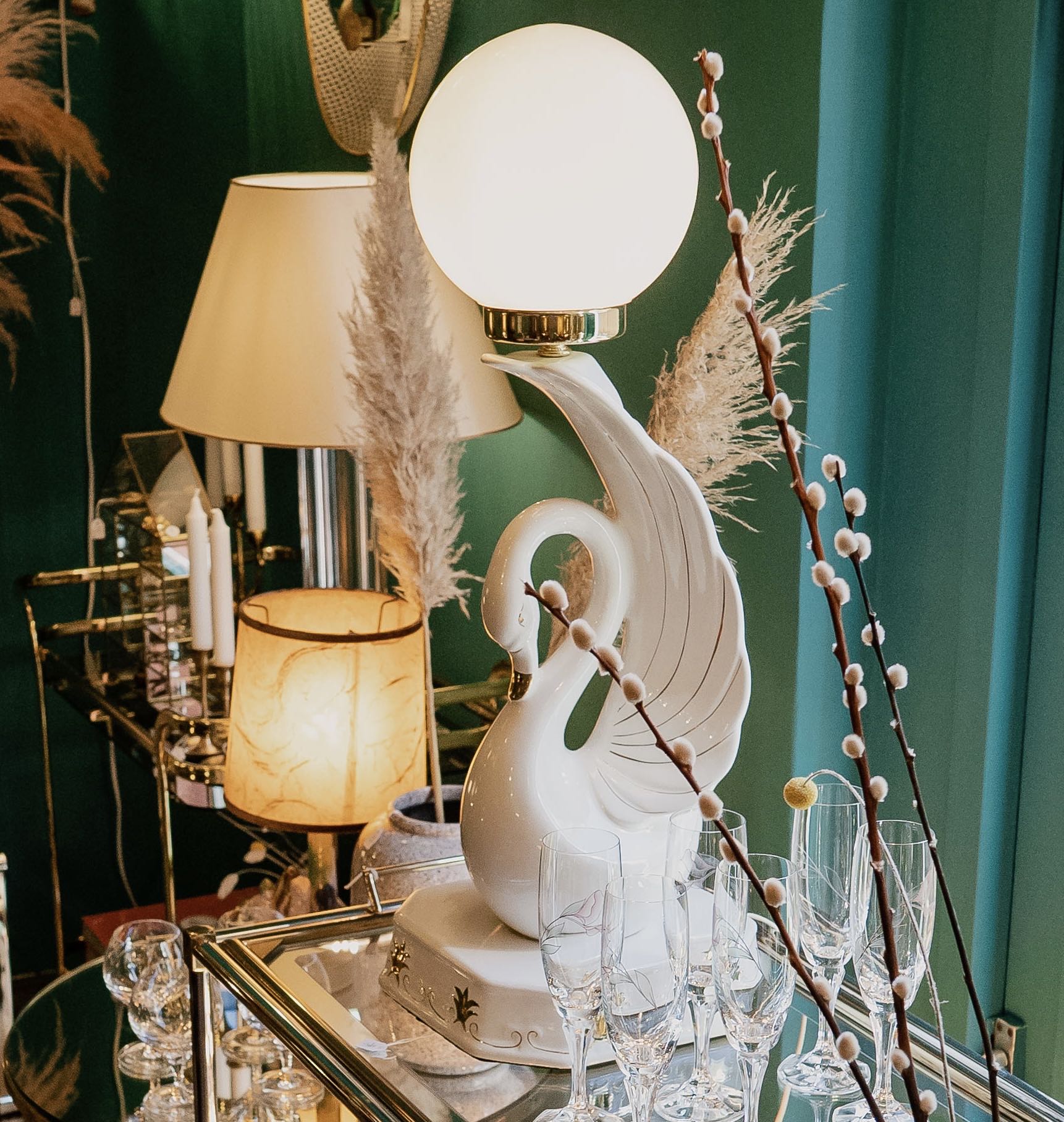 herfst Rond en rond beweeglijkheid Vintage zwaan tafellamp keramiek wit goud | Sprinkelhop